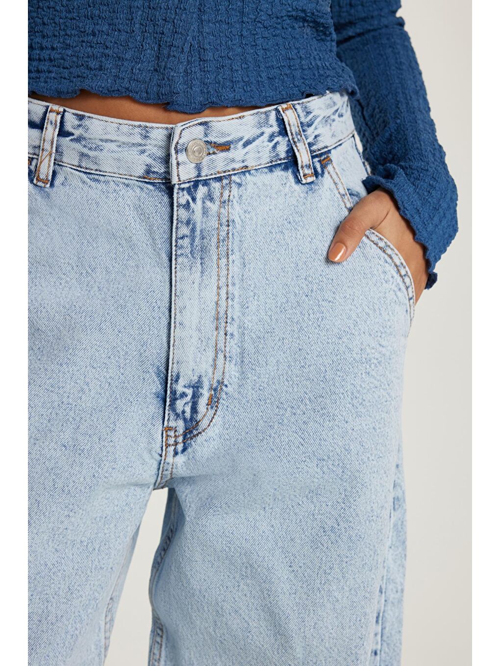 Kadın Regular Fit Yan Cepli Baggy Balon Mavi Jean Jean Pantolon-1