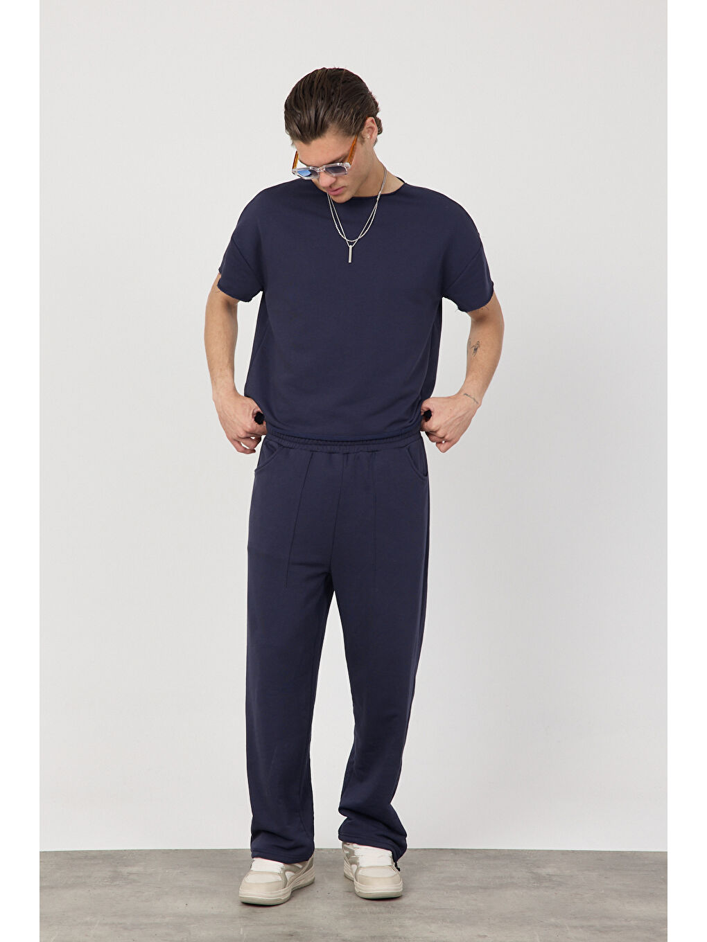 Erkek Blank Lacivert Ayarlanabilir Paça Eşofman Altı-4