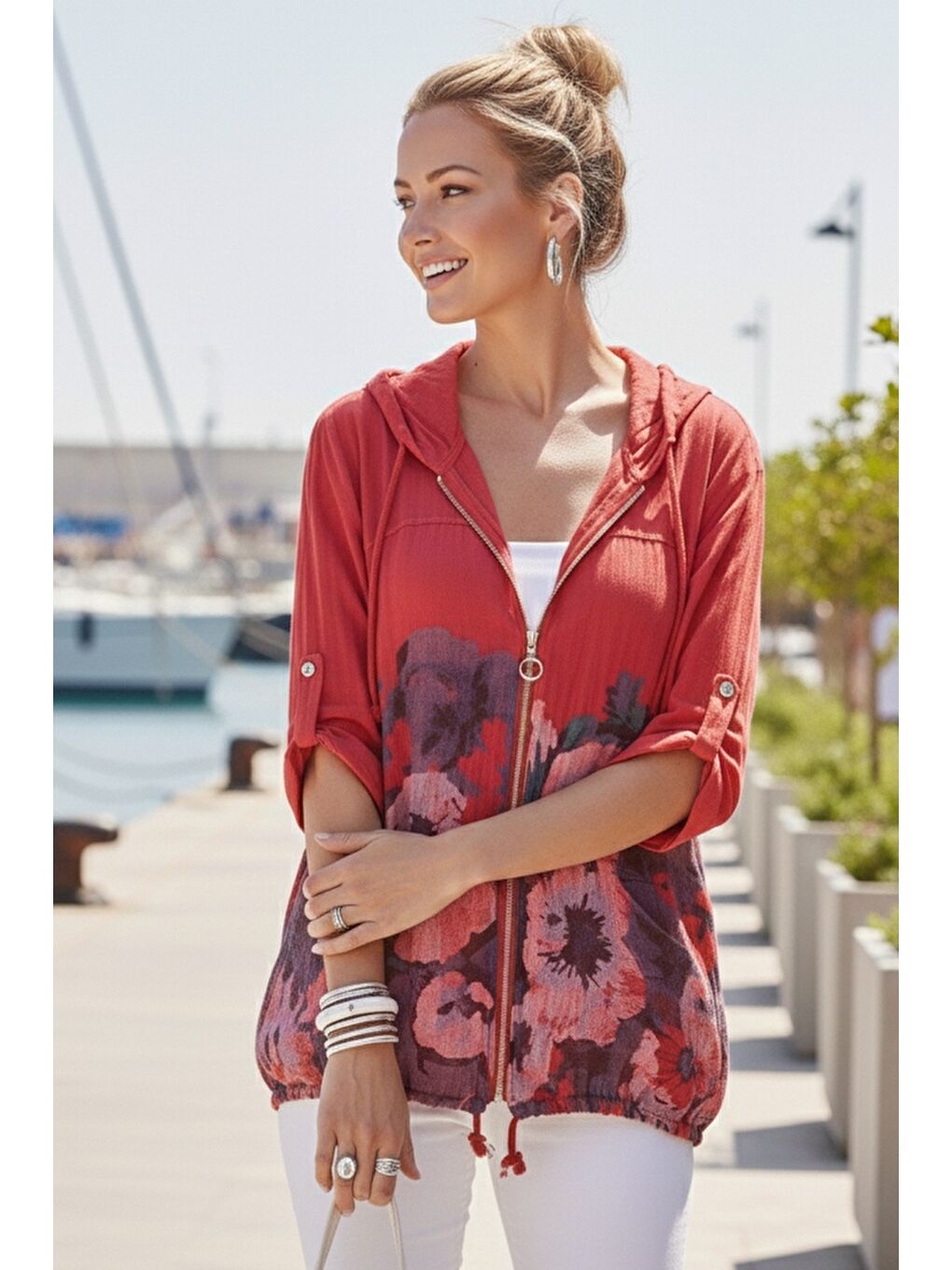 İtalyan Fuşya Düğmeli Uzun Kollu Cepli Kapüşonlu Fermuarlı Baskılı Regular Boy Dokuma Ceket 68 65-2