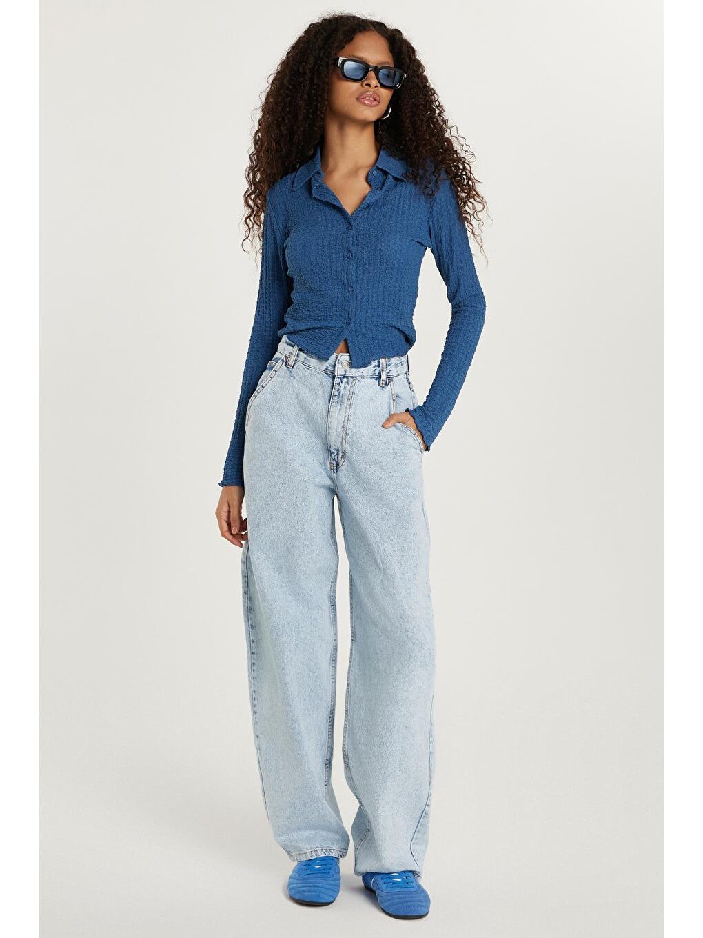 Kadın Regular Fit Yan Cepli Baggy Balon Mavi Jean Jean Pantolon-2