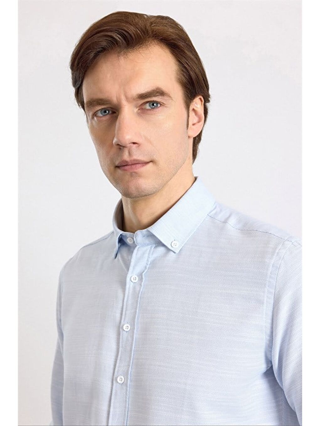 Buz Mavi Slim Klasik Yaka Düz Düz Cepsiz Düğmeli Uzun Kollu Standart Casual Gömlek-1