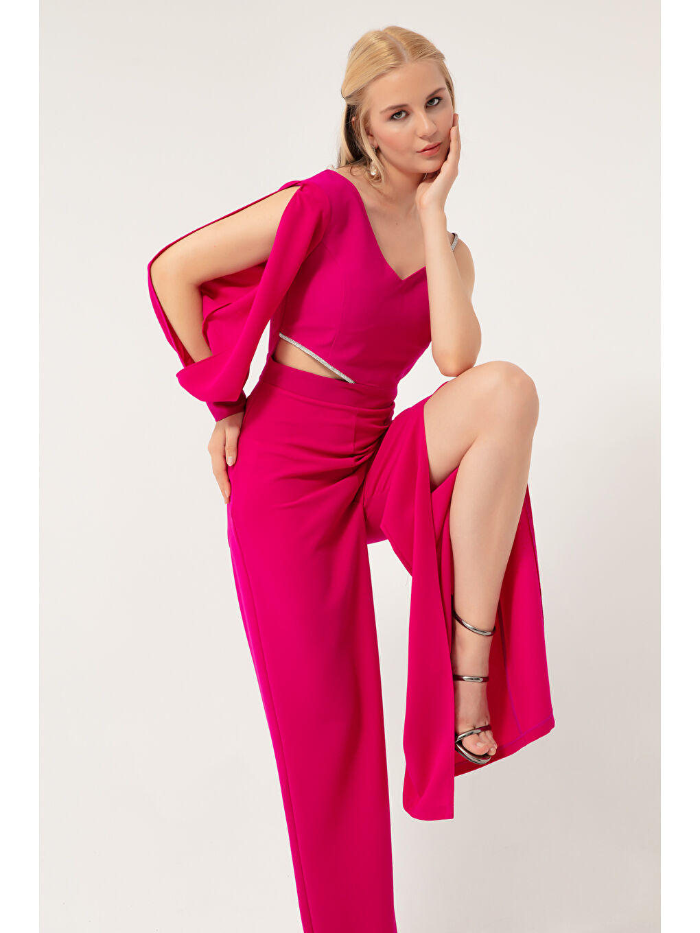 Kadın Mürdüm Tek Kol Dekolteli Abiye Tulum-2