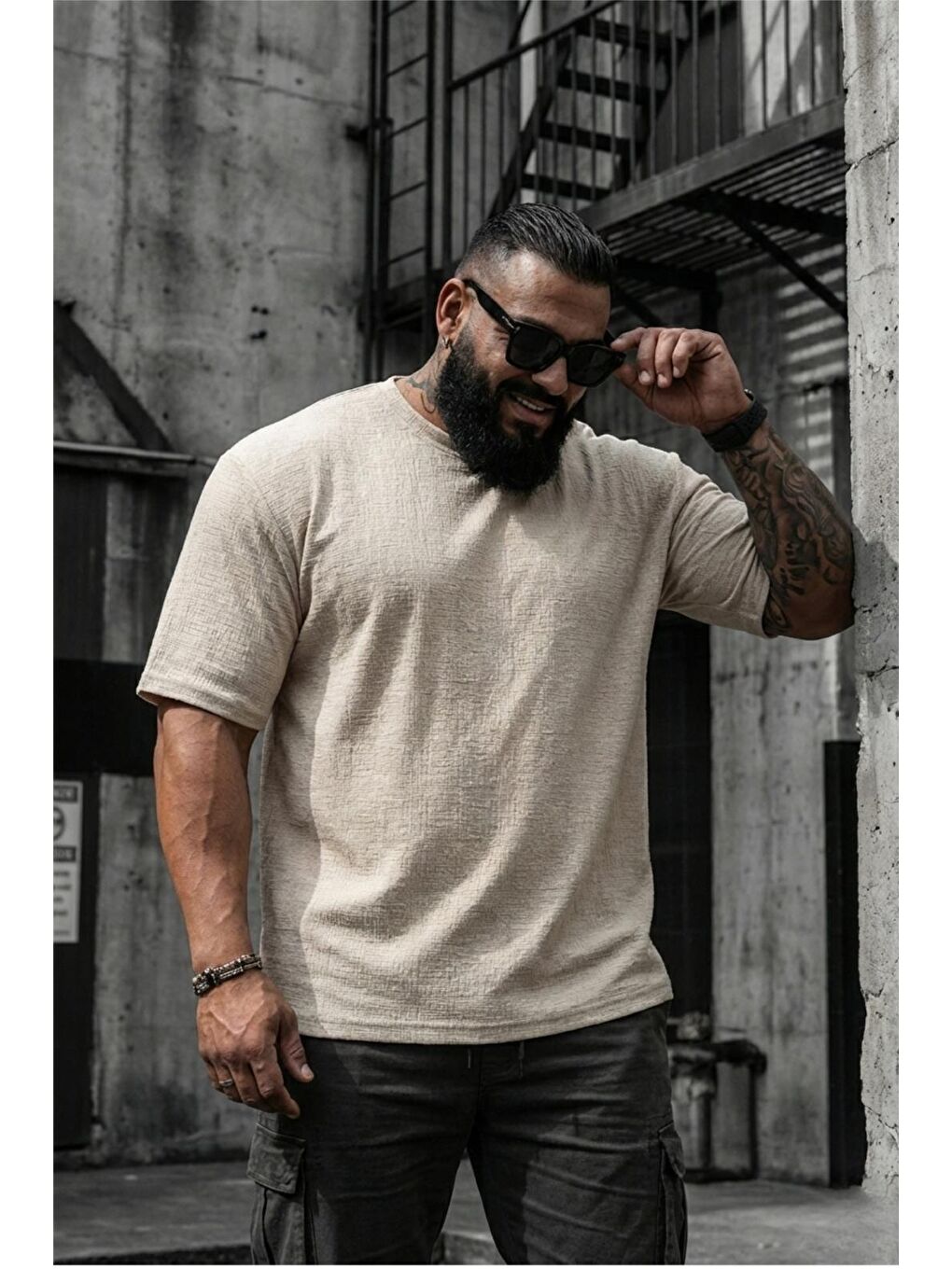 Ekru Kabuk Desen Elastanlı Erkek Büyük Beden Gofre (Kabartma) Dokulu T-Shirt