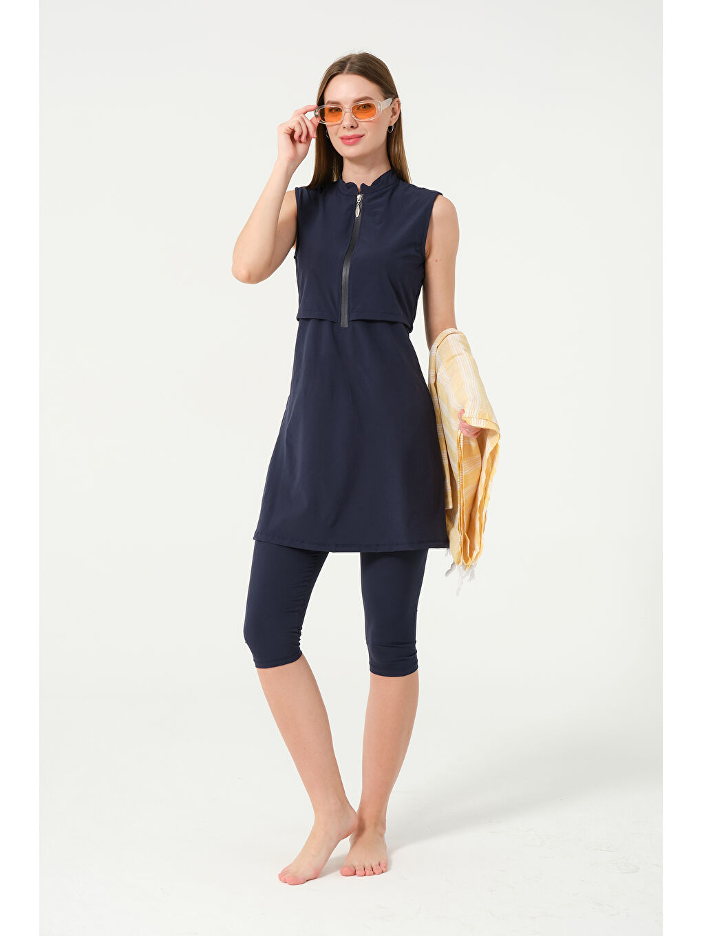 Lacivert Kadın Fermuarlı Kapalı Dik Yaka Sıfır Kol Kaprili Hızlı Kuruyan Mayo-11