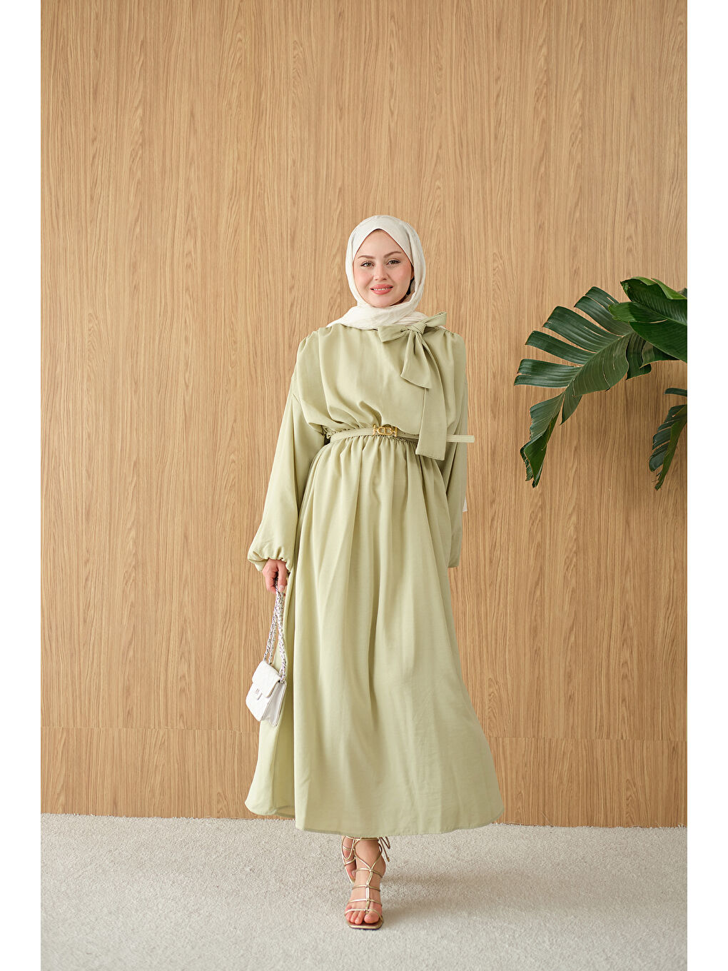 Turkuaz Kadın Boyun Bağlamalı Kemerli Elbise Su Yeşil