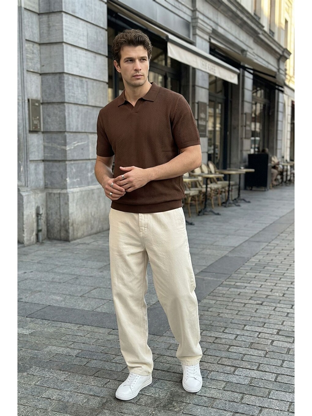 Kahverengi Chapa Regular Fit Polo Yaka Erkek Kısa Kol Dokulu Triko Tişört-2