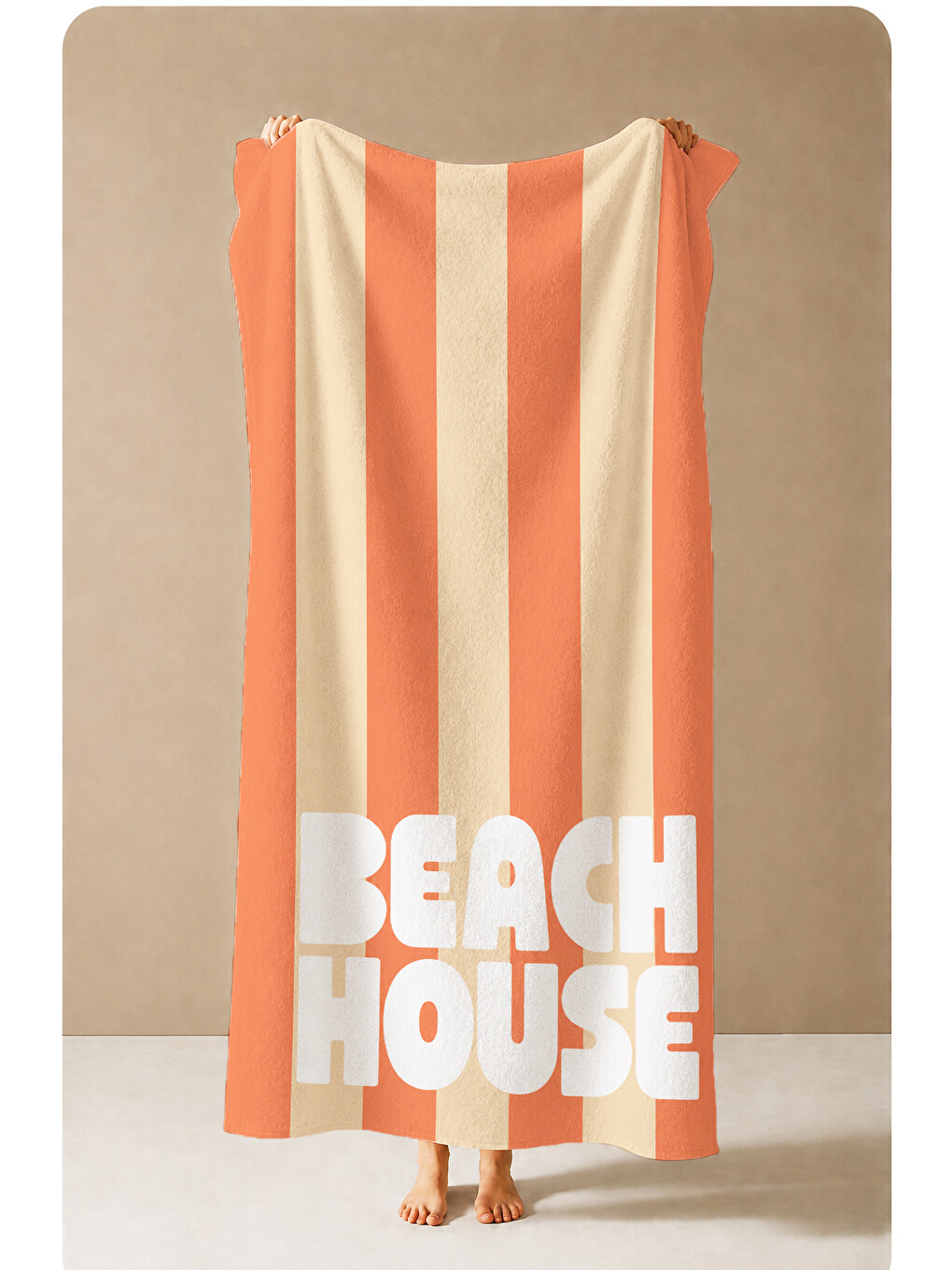 Retro Beach House Yazılı Turuncu Çizgili Desenli 70x150 Plaj Havlusu - Dijital Baskılı Banyo Havlusu