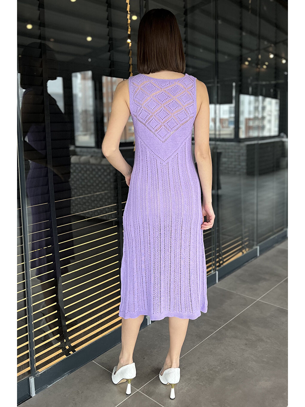 Lila Örme Detaylı V Yaka Kadın Triko Elbise( İçlikle Giyilmesi Önerilir)-2