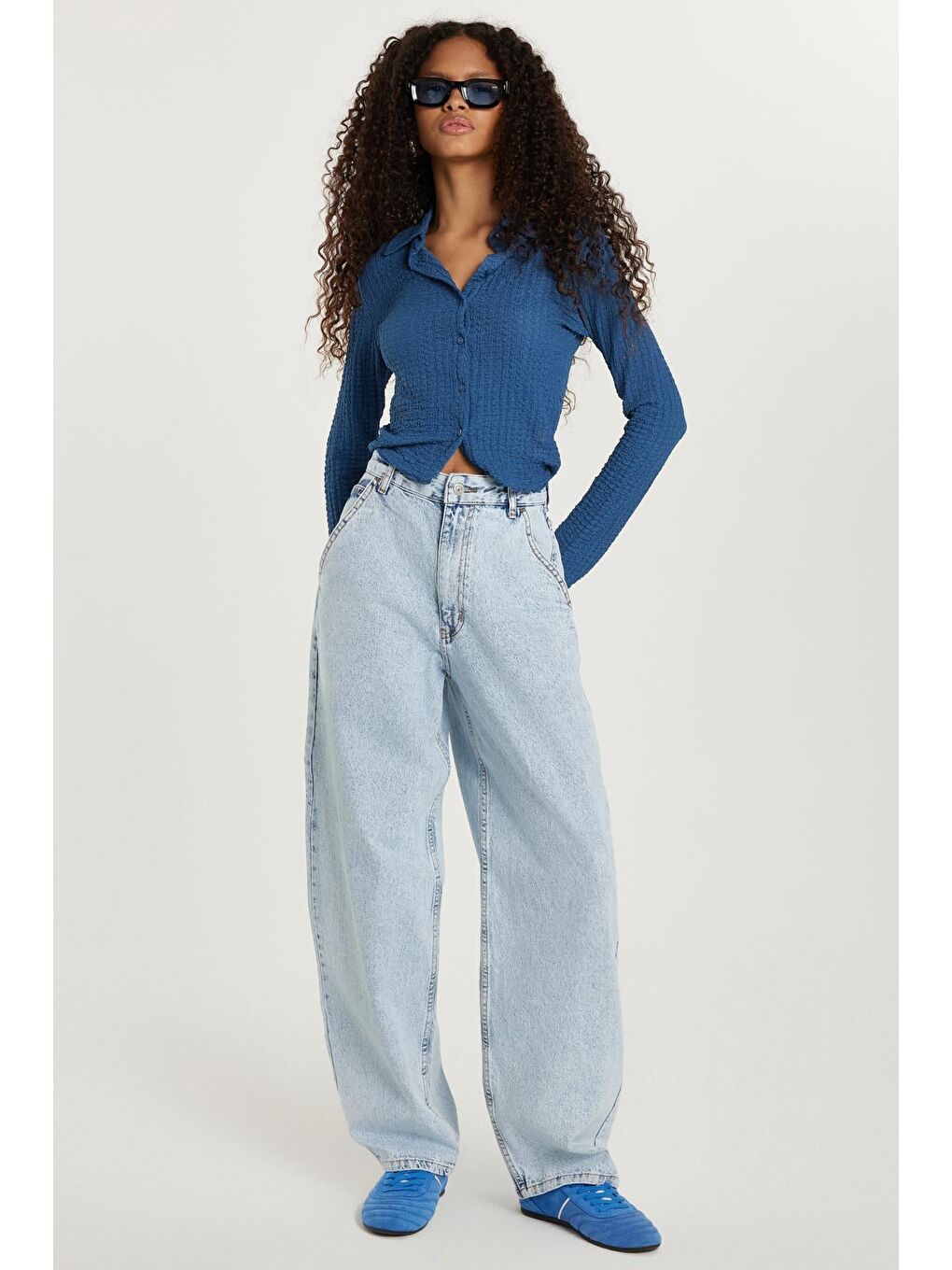 Kadın Regular Fit Yan Cepli Baggy Balon Mavi Jean Jean Pantolon-3