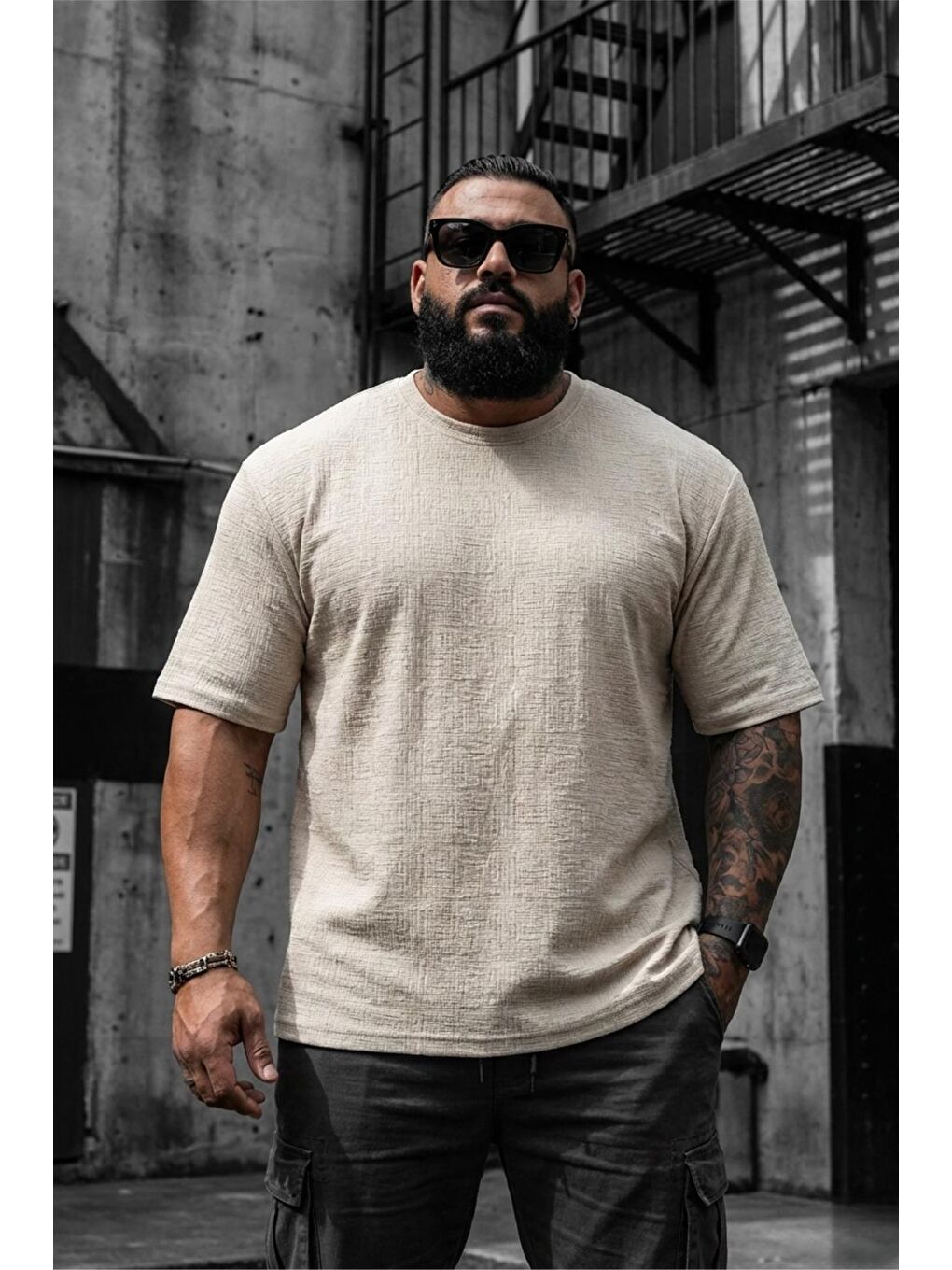 Ekru Kabuk Desen Elastanlı Erkek Büyük Beden Gofre (Kabartma) Dokulu T-Shirt-1