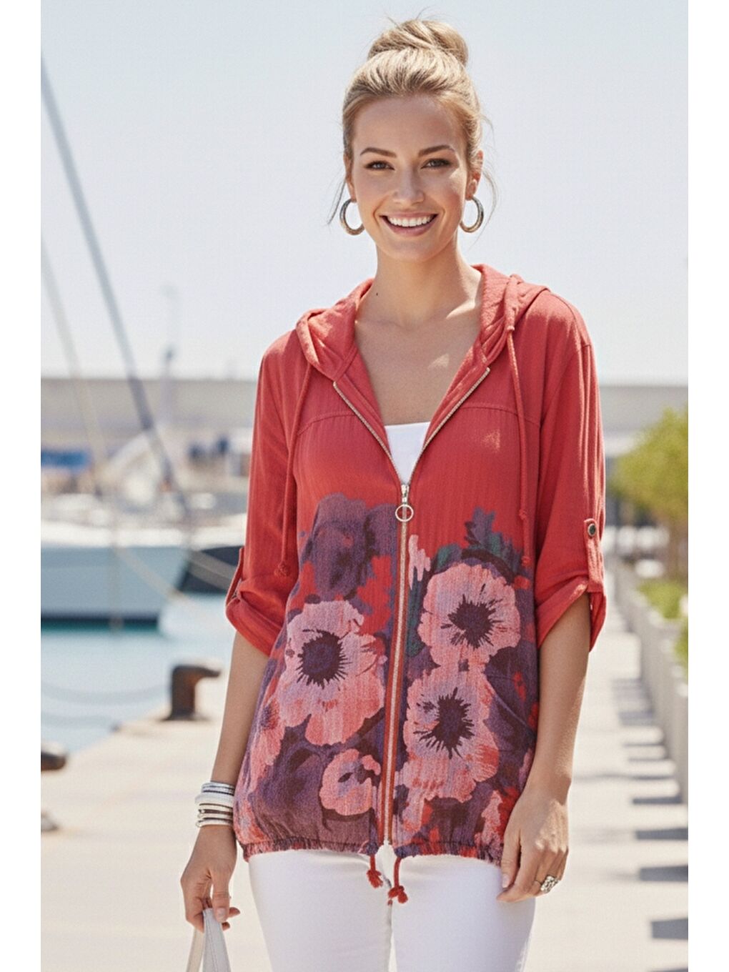 İtalyan Fuşya Düğmeli Uzun Kollu Cepli Kapüşonlu Fermuarlı Baskılı Regular Boy Dokuma Ceket 68 65-3