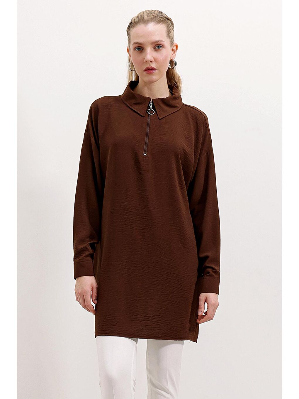 Bigdart Kahverengi 5917 Fermuarlı Oversize Tunik - Kahverengi