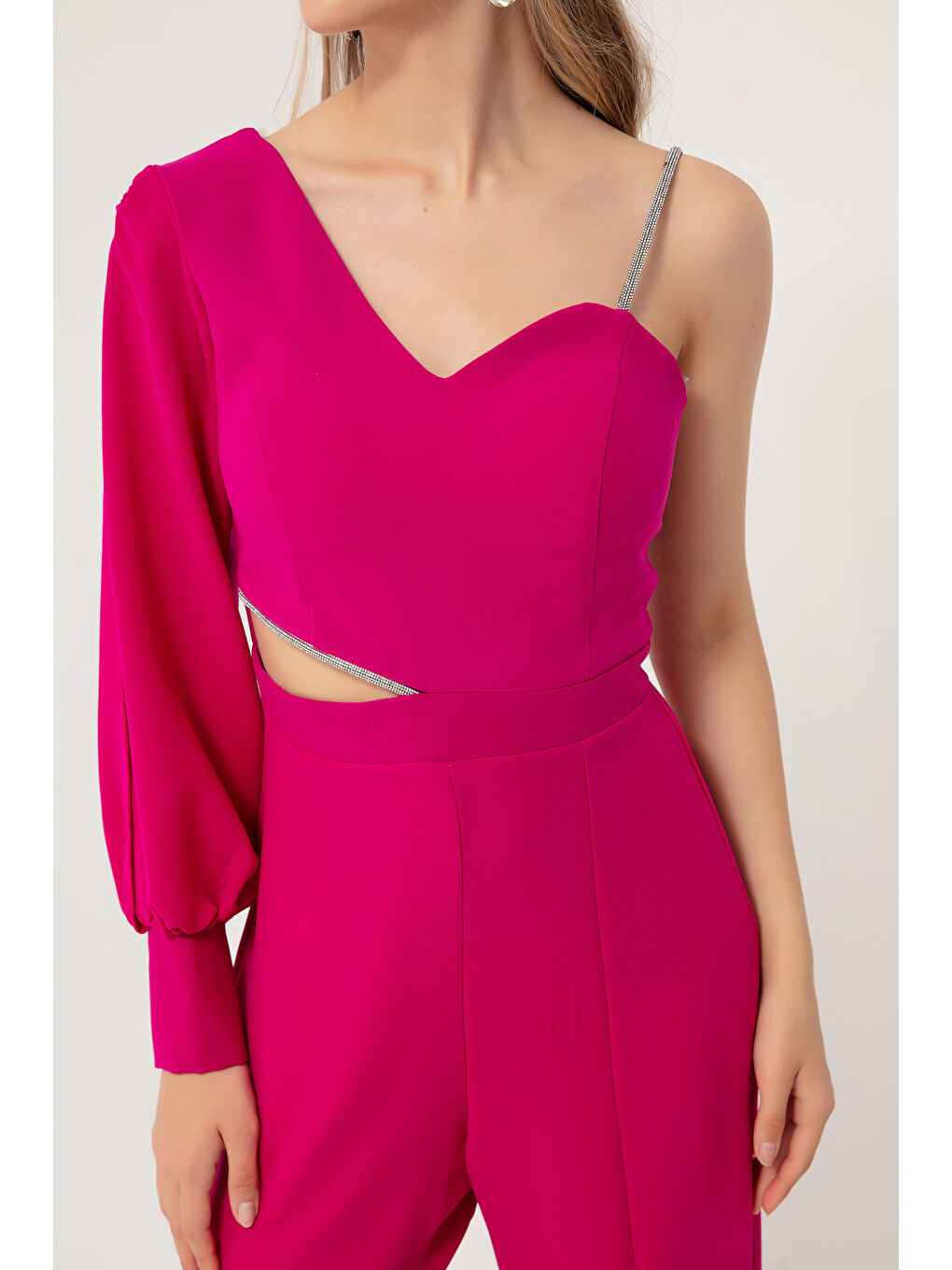 Kadın Mürdüm Tek Kol Dekolteli Abiye Tulum-3