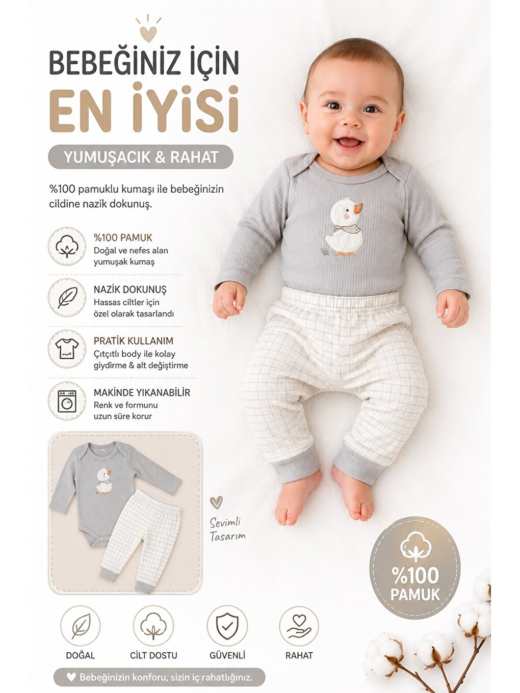 Gri Bebek 2li Pamuklu Alt-Üst Takım %100 Pamuk Çıtçıtlı Mevsimlik-2