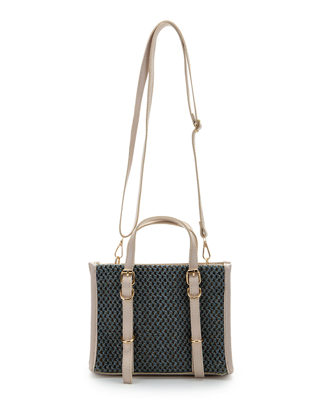 Bej Kemer Detaylı Hasır Kadın Çapraz Çanta Dimitri Krem-Mavi-1