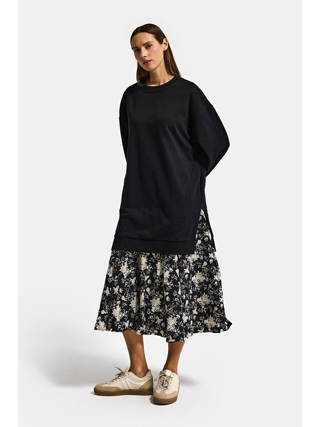 Kadın Siyah w5 Sweatshirt Etek Tek Parça Tasarım Elbise-5