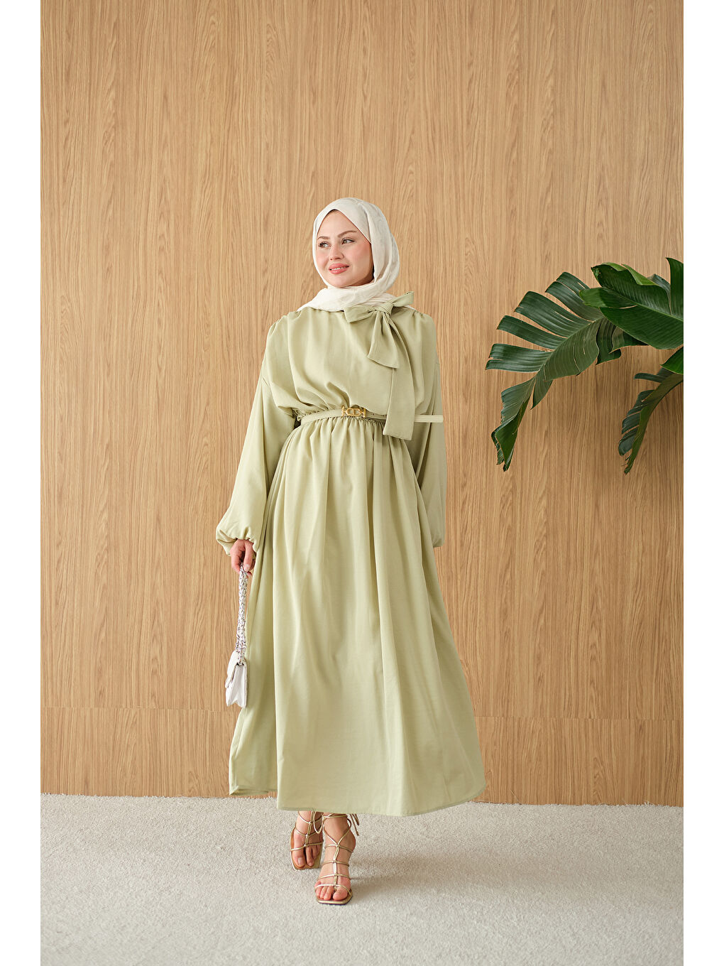 Turkuaz Kadın Boyun Bağlamalı Kemerli Elbise Su Yeşil-1