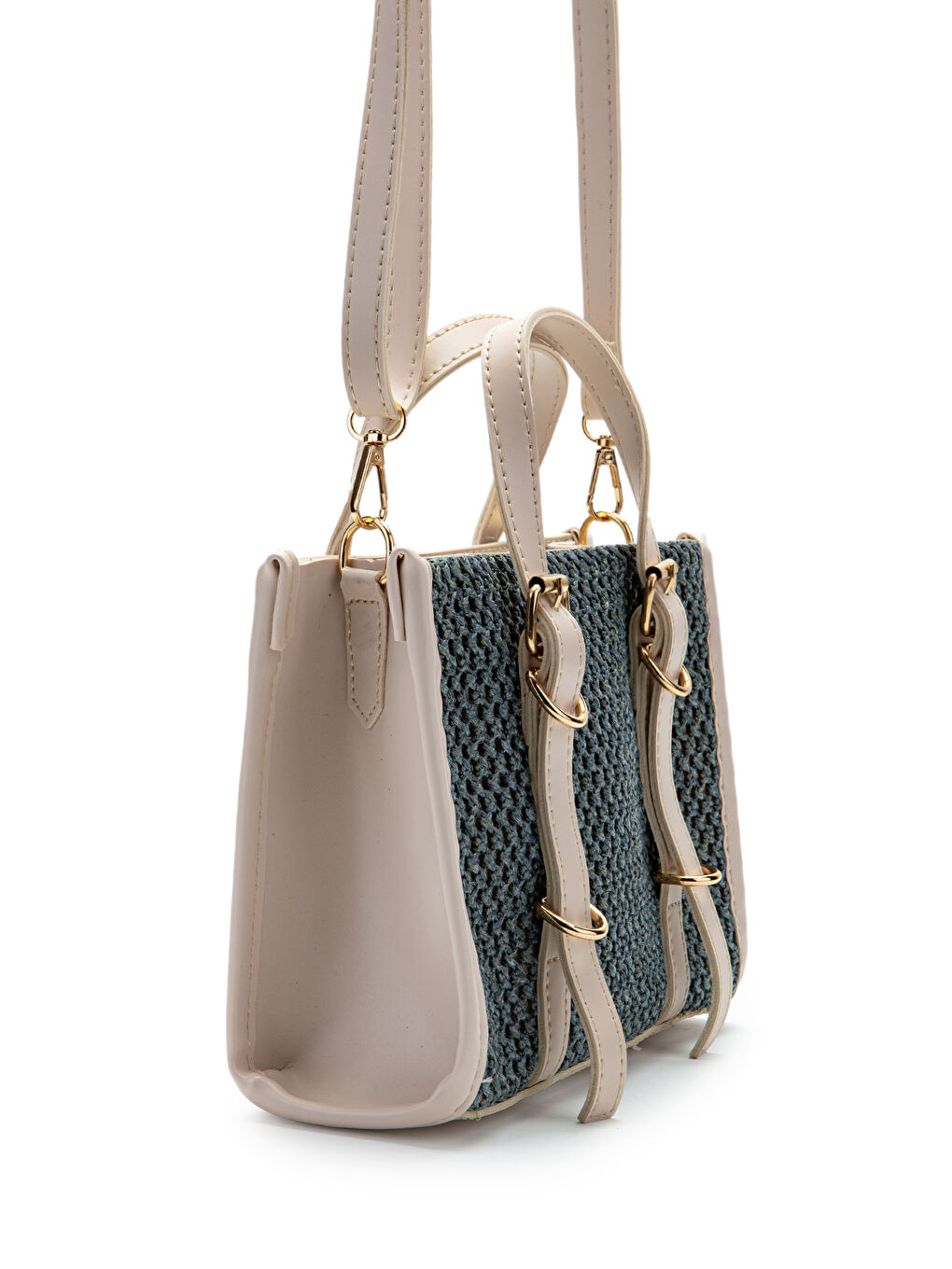 Bej Kemer Detaylı Hasır Kadın Çapraz Çanta Dimitri Krem-Mavi-3