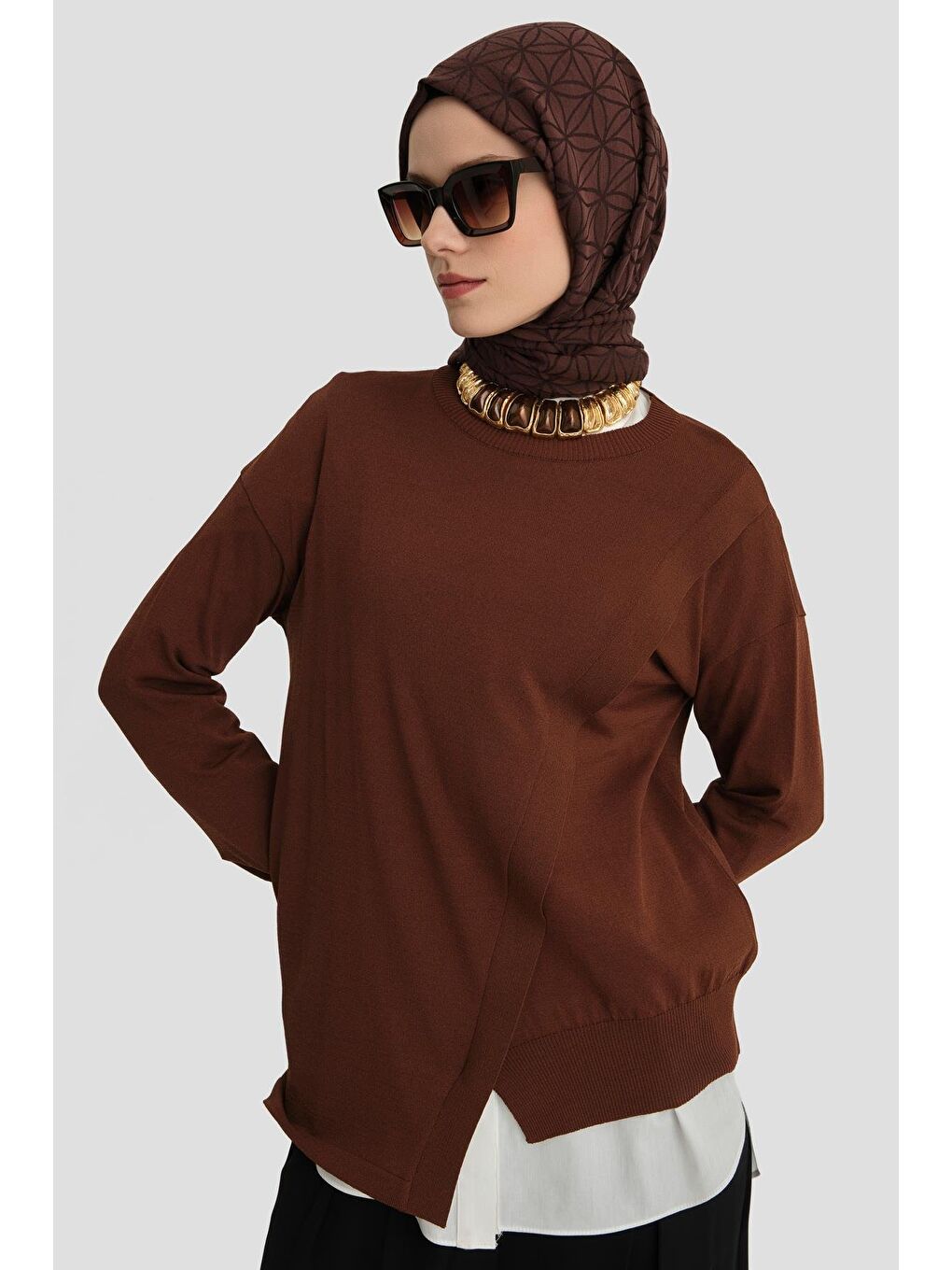Kahverengi Aller Detaylı Triko Kazak 24Kd2005 Kızıl Kahve-1
