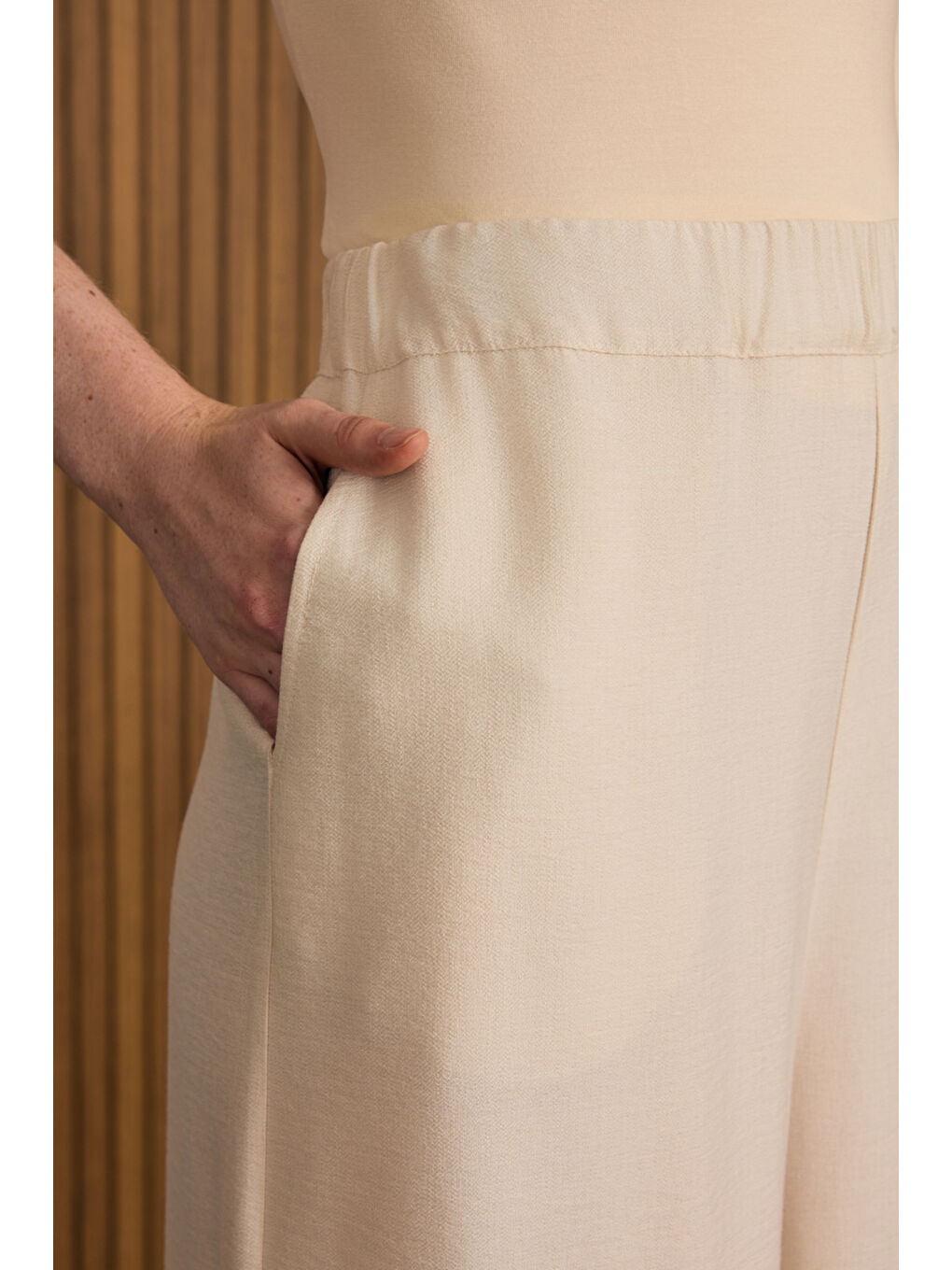 Bej Taş Beli Lastikli Viscon Pantolon Etek-3