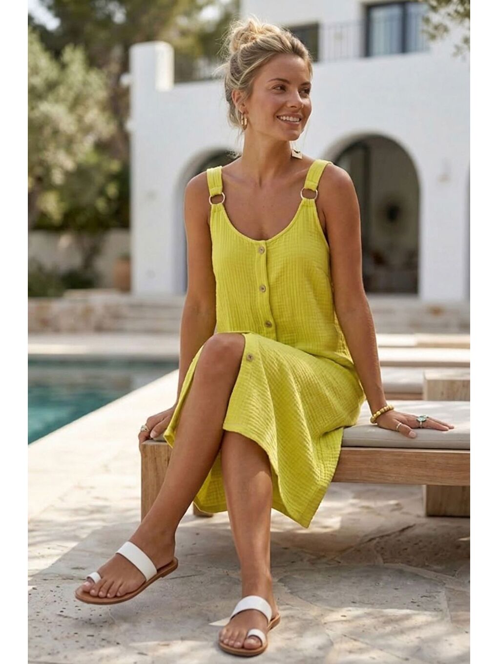 Sarı Askılı Düğmeli Cepsiz Metal Halkalı Casual Müslin Dokuma Elbise 102 55