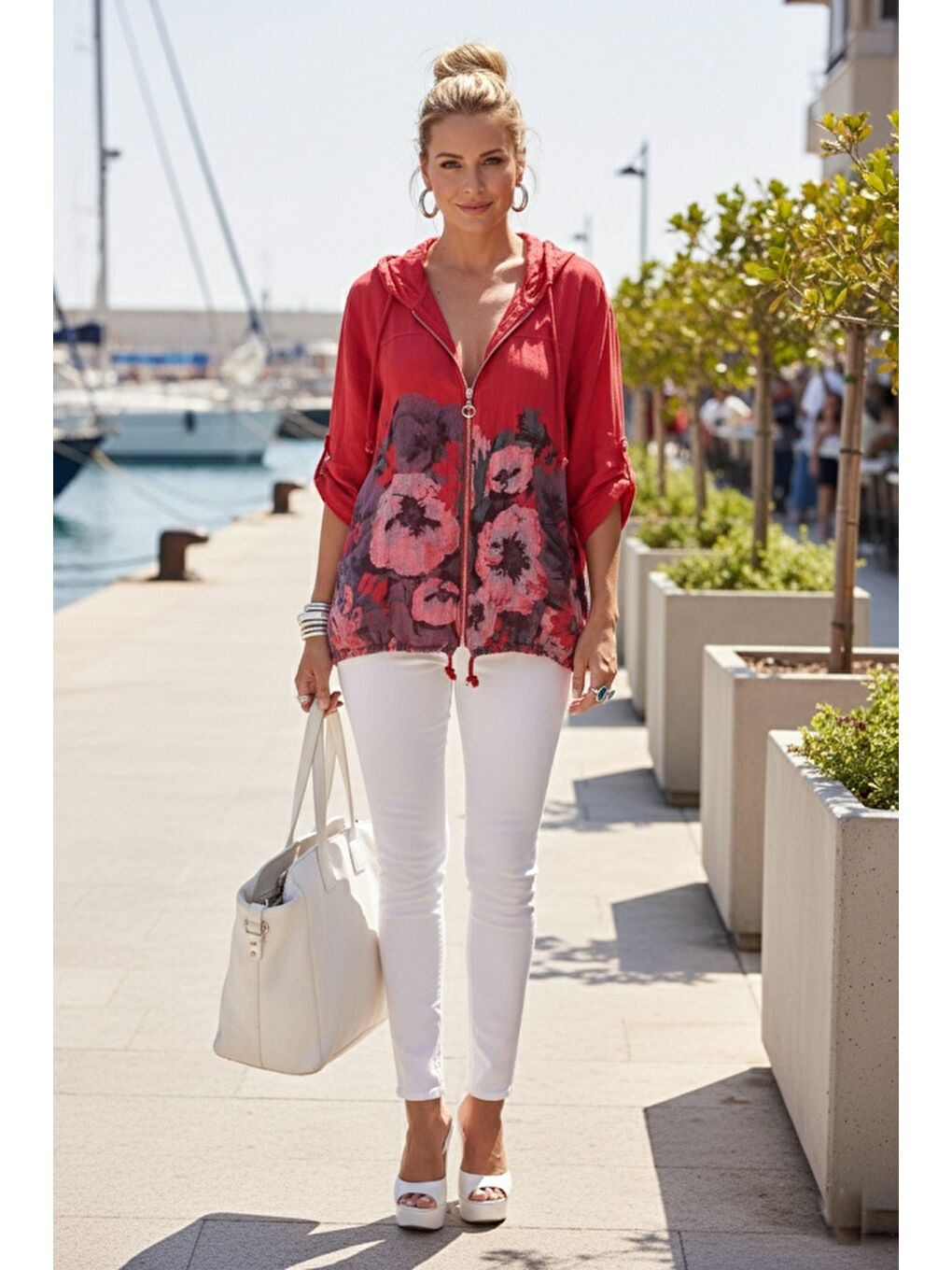 İtalyan Fuşya Düğmeli Uzun Kollu Cepli Kapüşonlu Fermuarlı Baskılı Regular Boy Dokuma Ceket 68 65-4