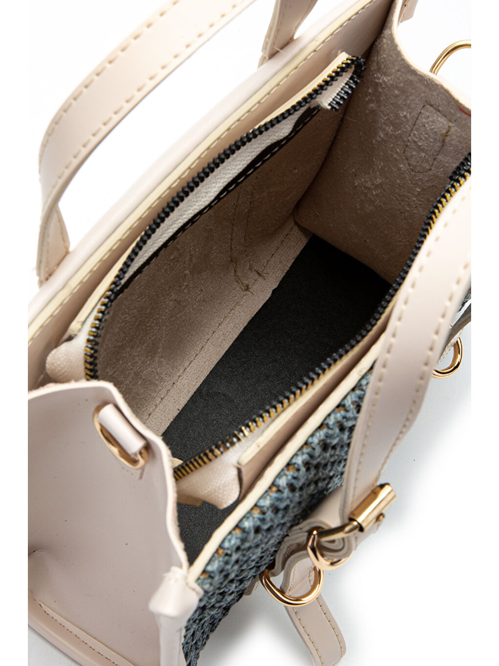 Bej Kemer Detaylı Hasır Kadın Çapraz Çanta Dimitri Krem-Mavi-5