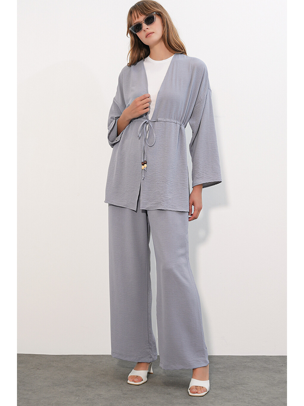 Kadın Ayrobin Kimono Pantolon İkili Takım 30101 - Gri