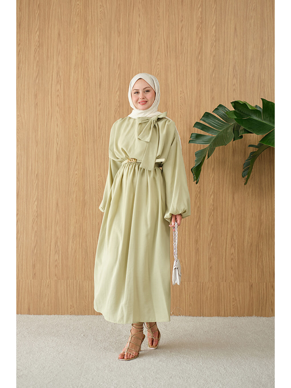 Turkuaz Kadın Boyun Bağlamalı Kemerli Elbise Su Yeşil-2