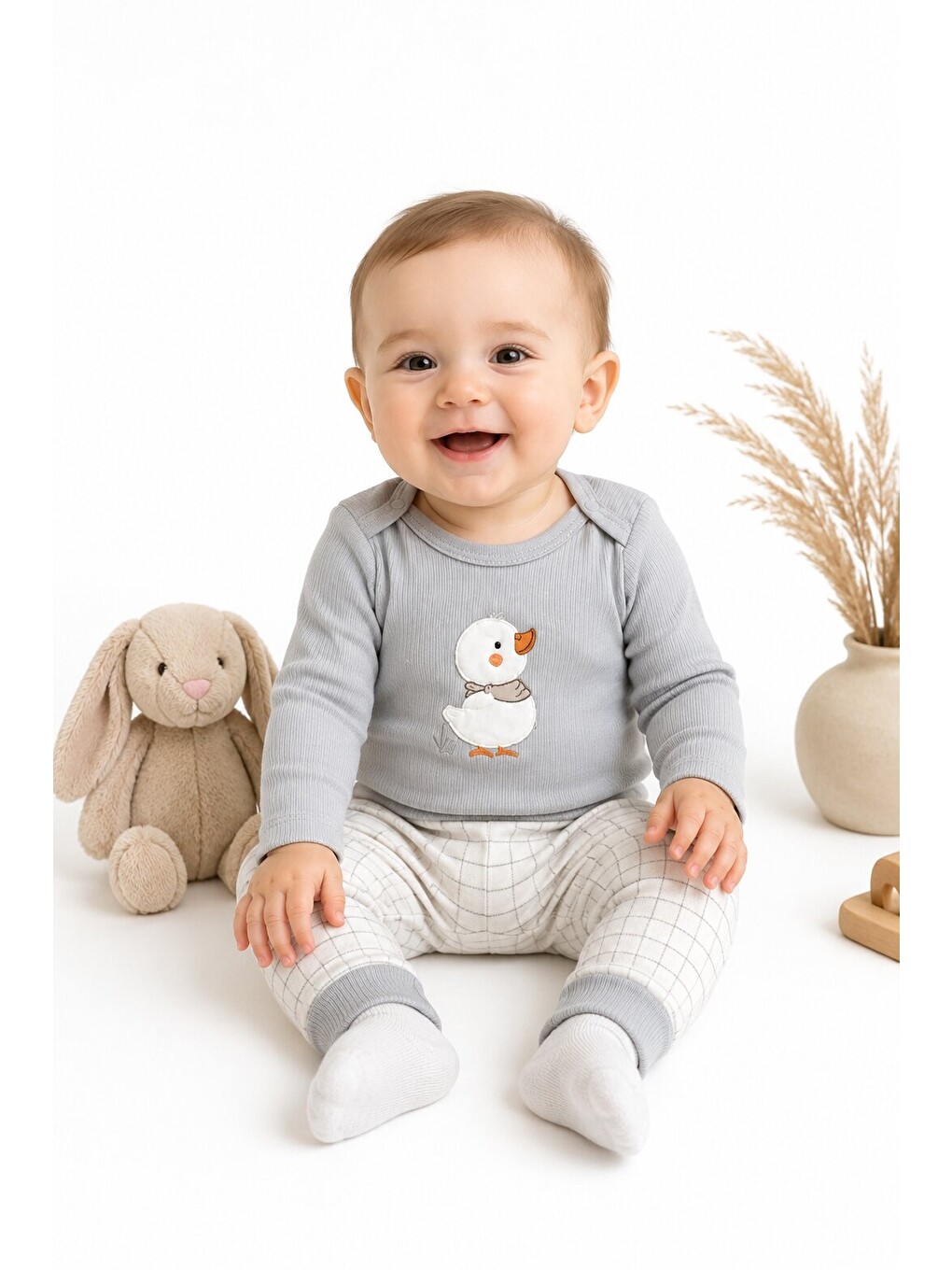 Gri Bebek 2li Pamuklu Alt-Üst Takım %100 Pamuk Çıtçıtlı Mevsimlik-3