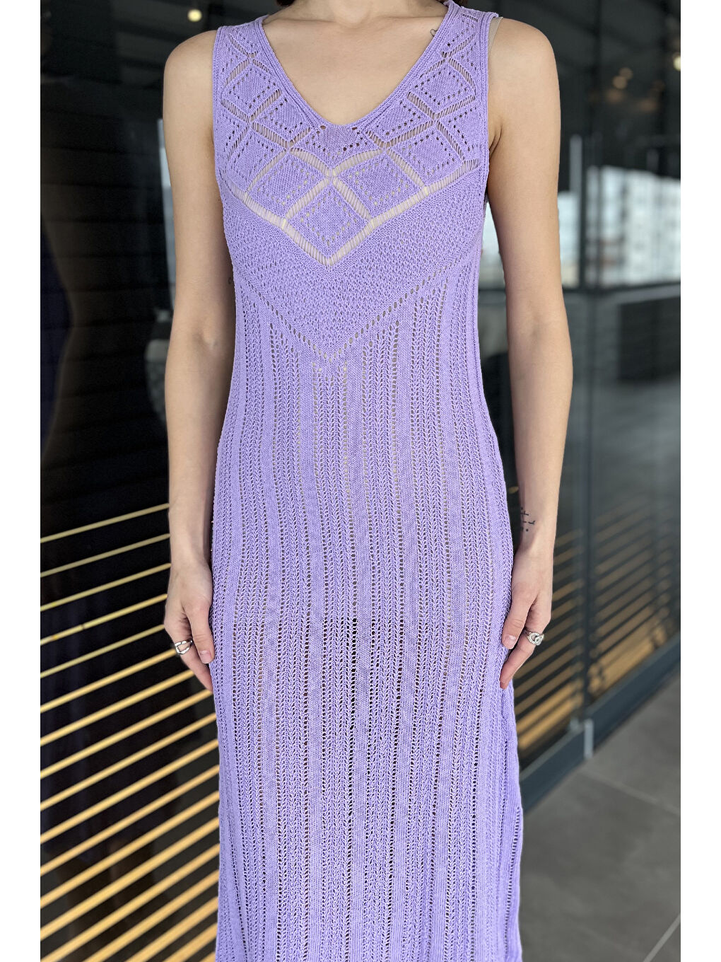 Lila Örme Detaylı V Yaka Kadın Triko Elbise( İçlikle Giyilmesi Önerilir)-3