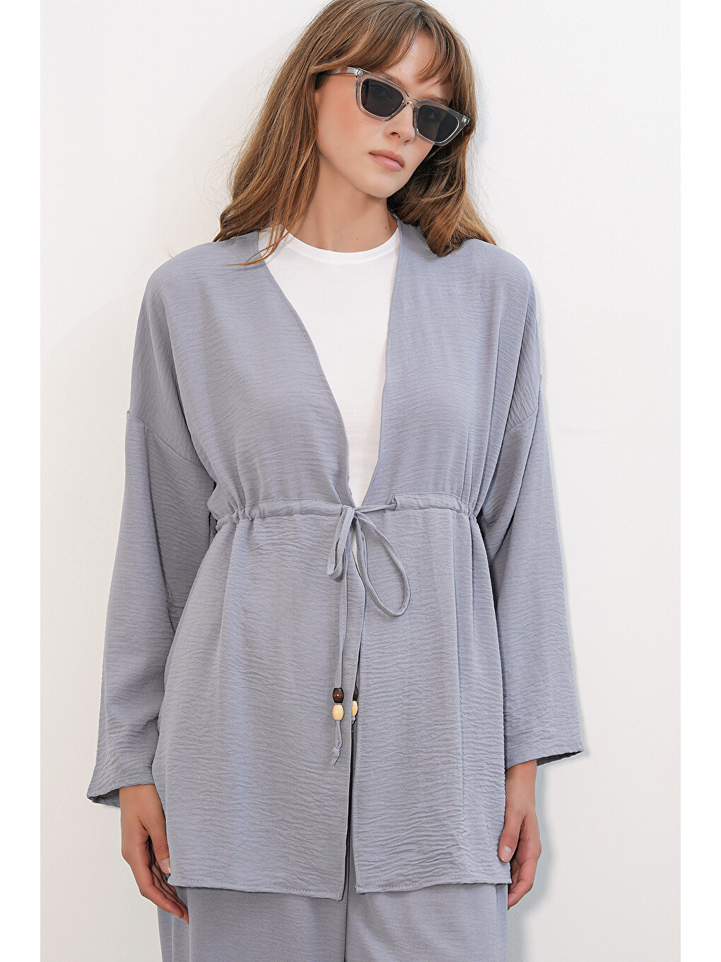 Kadın Ayrobin Kimono Pantolon İkili Takım 30101 - Gri-1