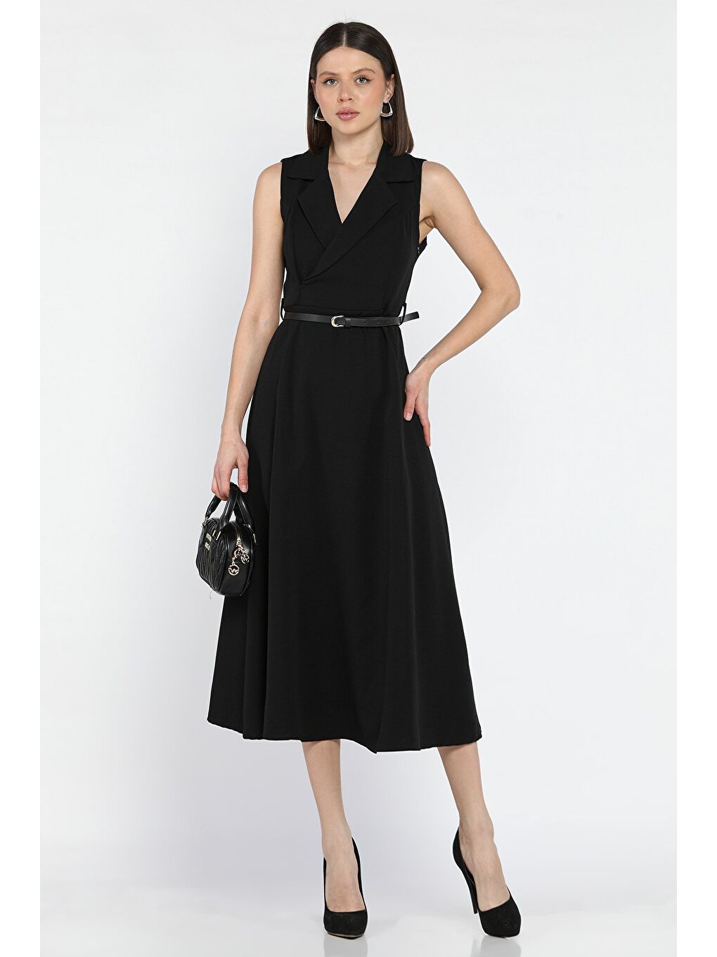 Siyah Kadın Kruvaze Yaka Kemer Aksesuarlı Kiloş Elbise-1