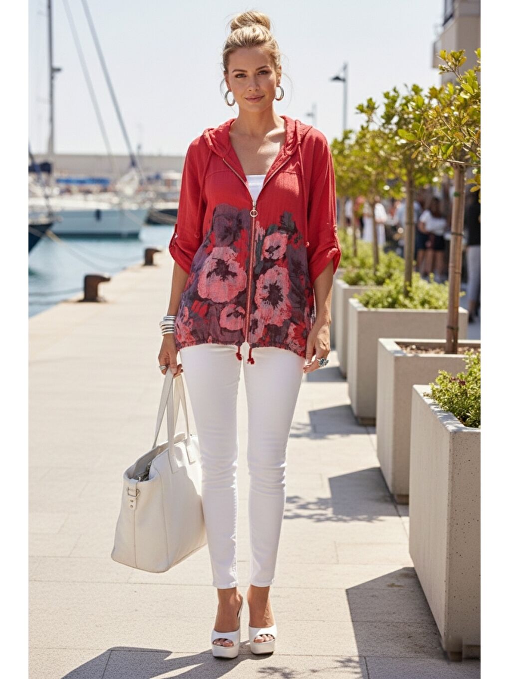 İtalyan Fuşya Düğmeli Uzun Kollu Cepli Kapüşonlu Fermuarlı Baskılı Regular Boy Dokuma Ceket 68 65-5