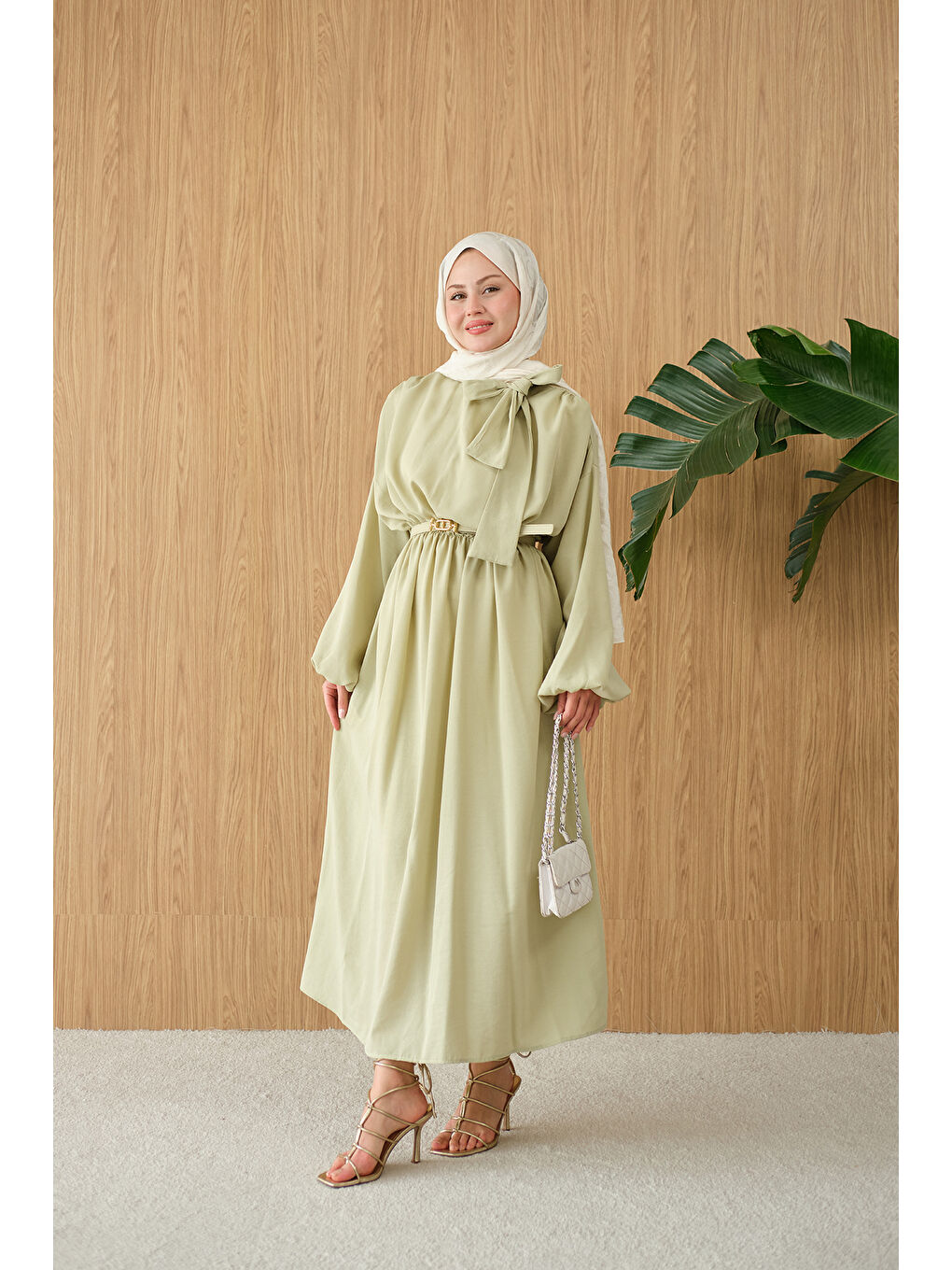 Turkuaz Kadın Boyun Bağlamalı Kemerli Elbise Su Yeşil-3