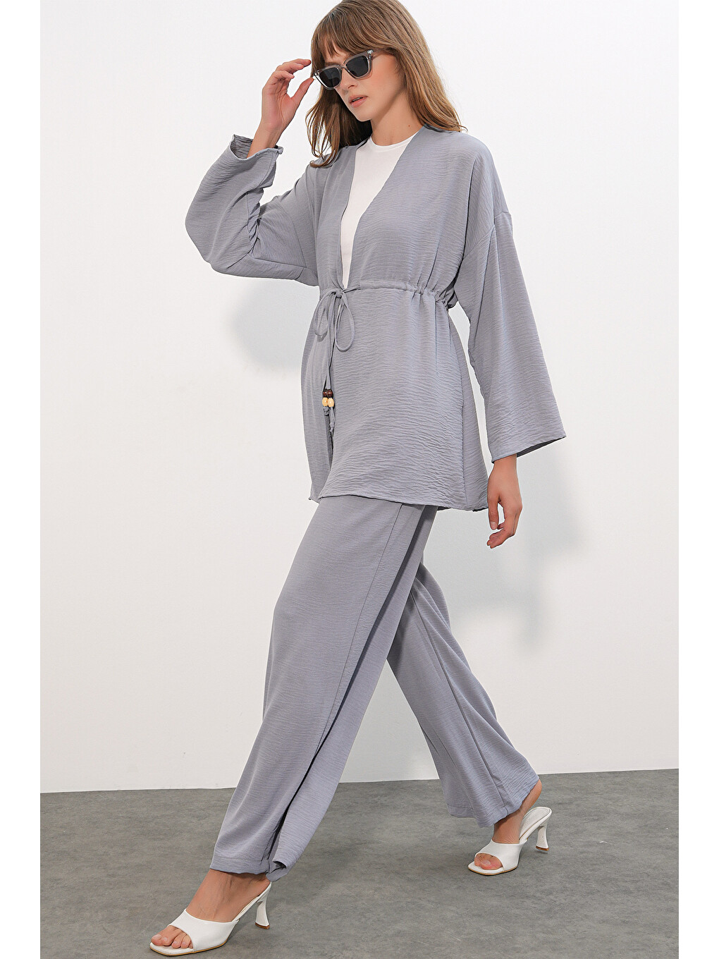 Kadın Ayrobin Kimono Pantolon İkili Takım 30101 - Gri-2