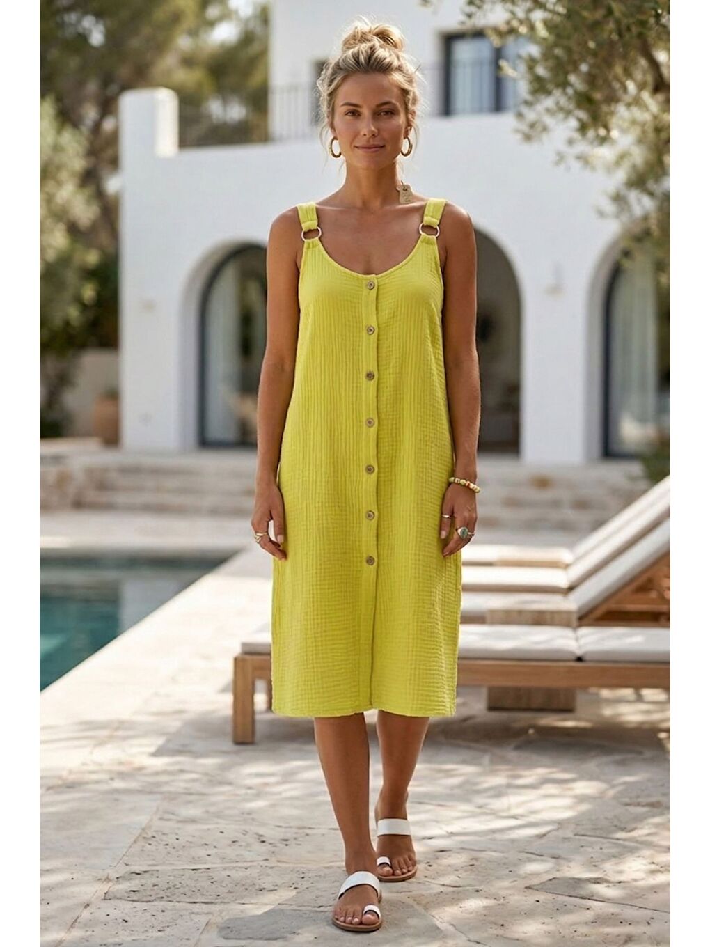 Sarı Askılı Düğmeli Cepsiz Metal Halkalı Casual Müslin Dokuma Elbise 102 55-1