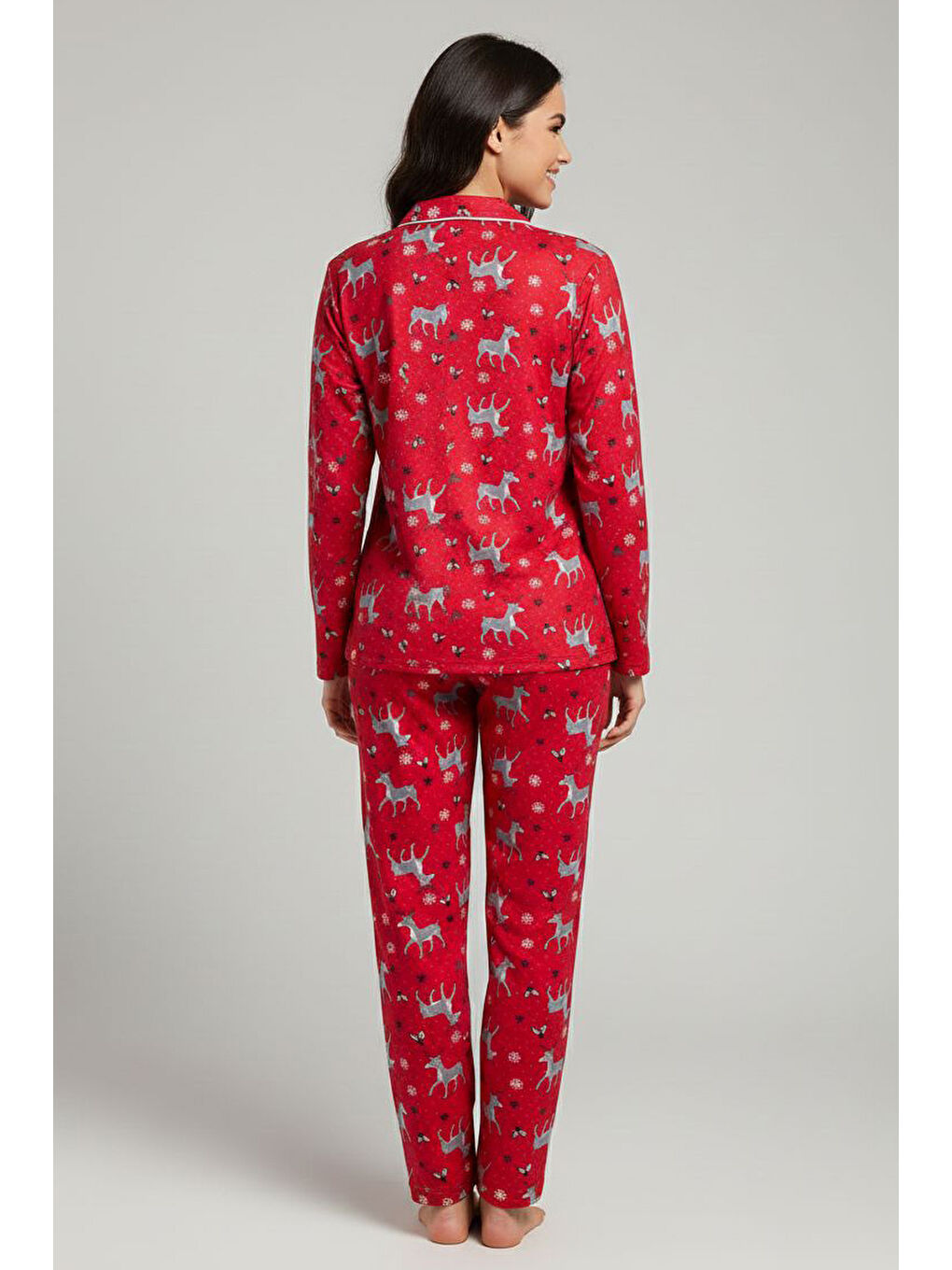 Kırmızı Ara Biyeli Baskılı Süet Pijama Takımı Kirmizi - 28085-KIRMIZI-1