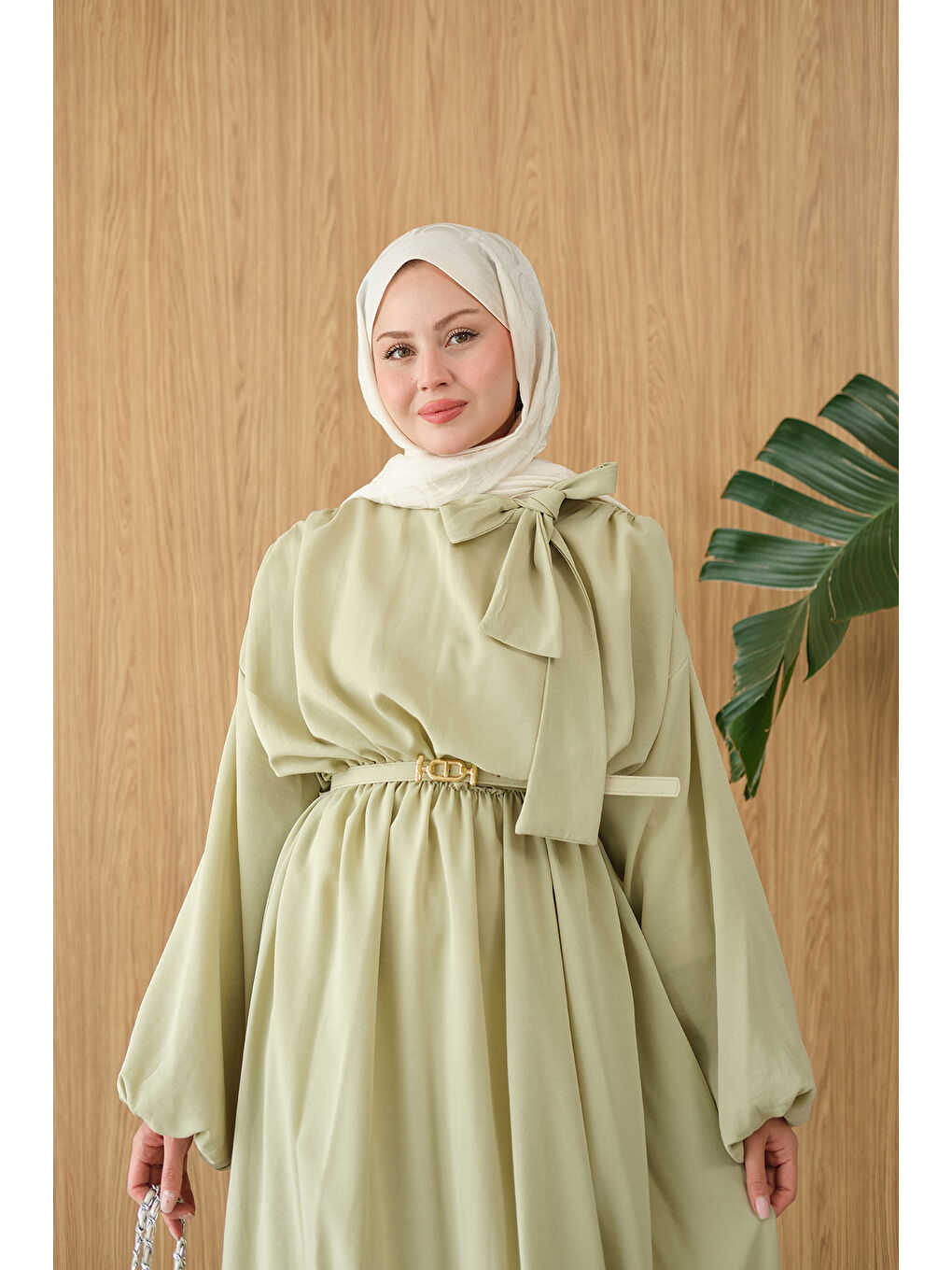 Turkuaz Kadın Boyun Bağlamalı Kemerli Elbise Su Yeşil-4