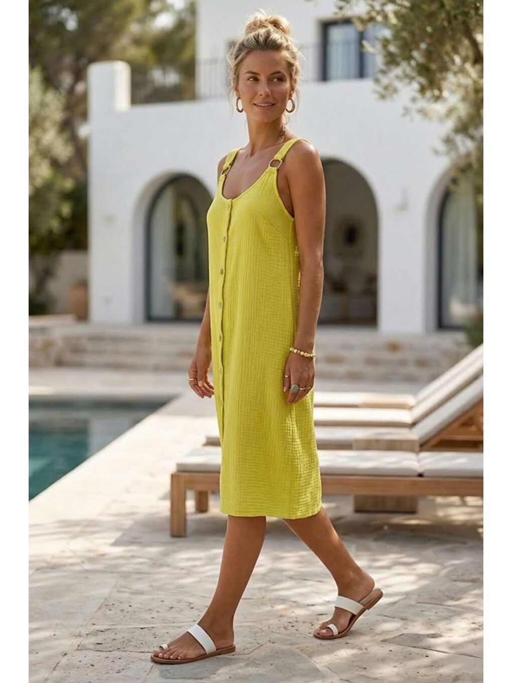Sarı Askılı Düğmeli Cepsiz Metal Halkalı Casual Müslin Dokuma Elbise 102 55-2
