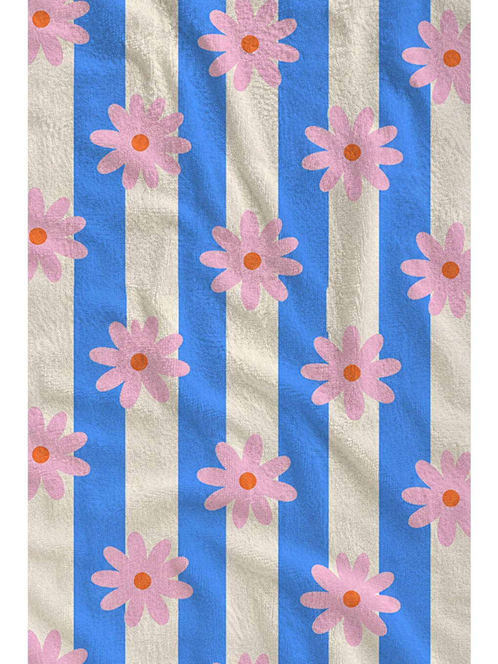 Retro Mavi Pembe Çizgili Papatya Yazlık Desenli 70x150 Plaj Havlusu - Pamuklu Banyo Havlusu-2