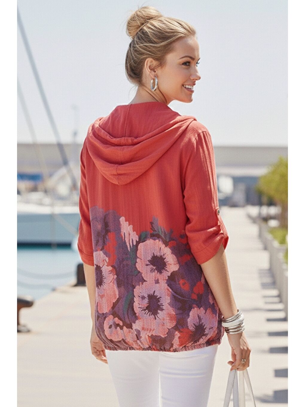 İtalyan Fuşya Düğmeli Uzun Kollu Cepli Kapüşonlu Fermuarlı Baskılı Regular Boy Dokuma Ceket 68 65-6