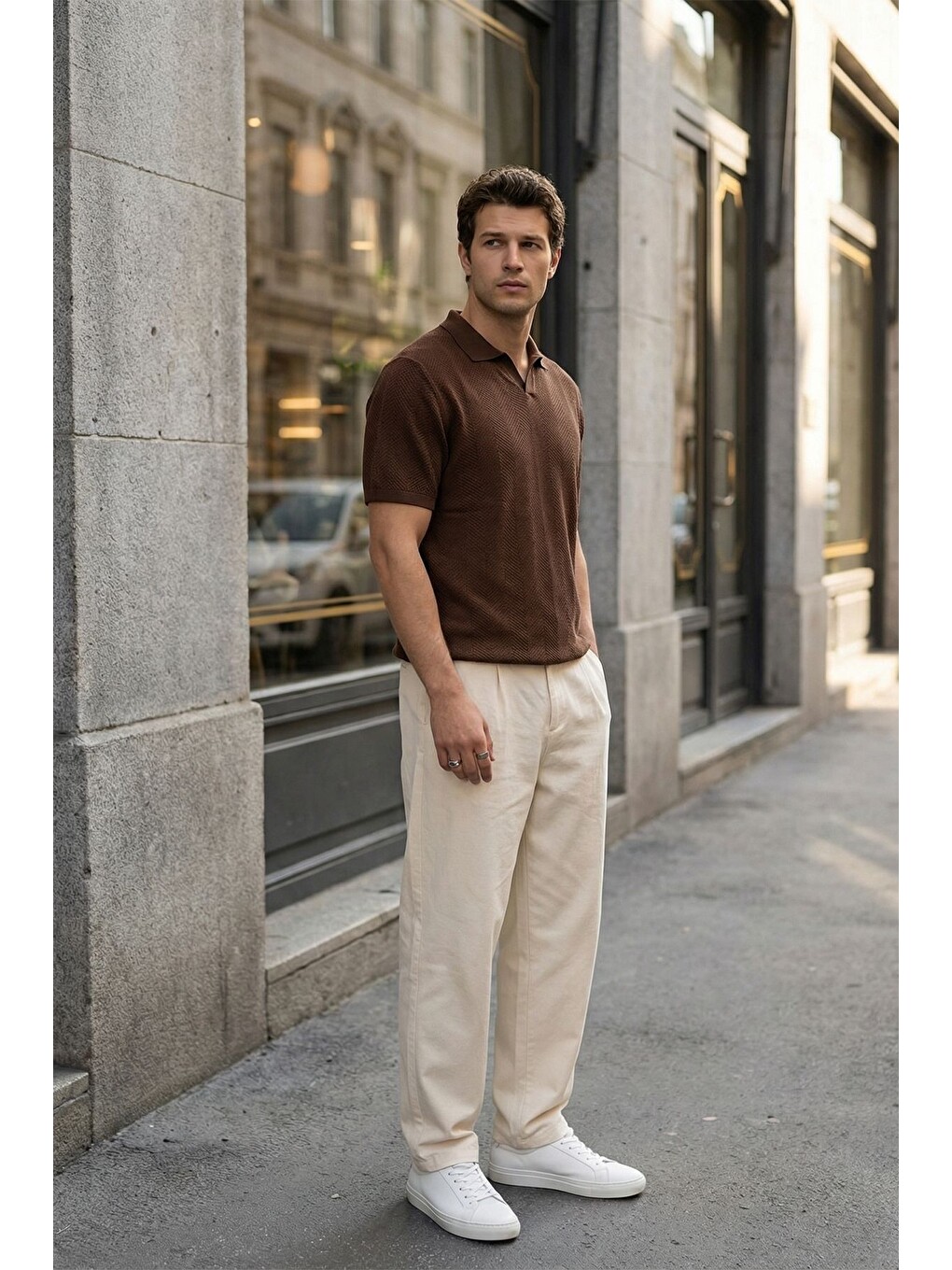 Kahverengi Chapa Regular Fit Polo Yaka Erkek Kısa Kol Dokulu Triko Tişört-3
