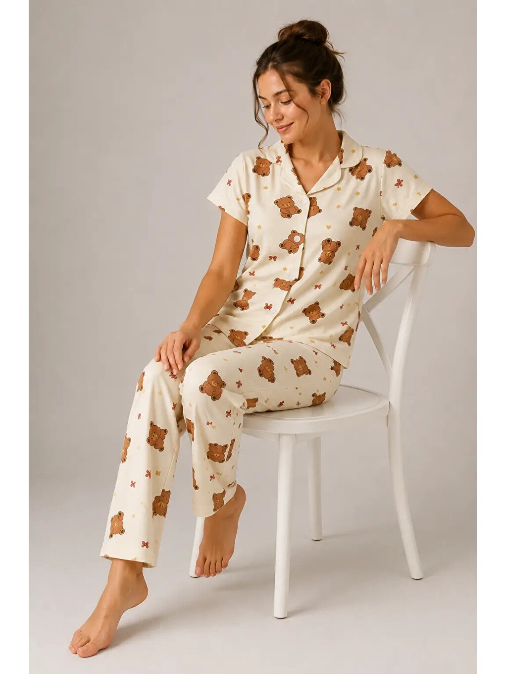 Ekru Desenli Kadın Pijama Takımı 9930-1