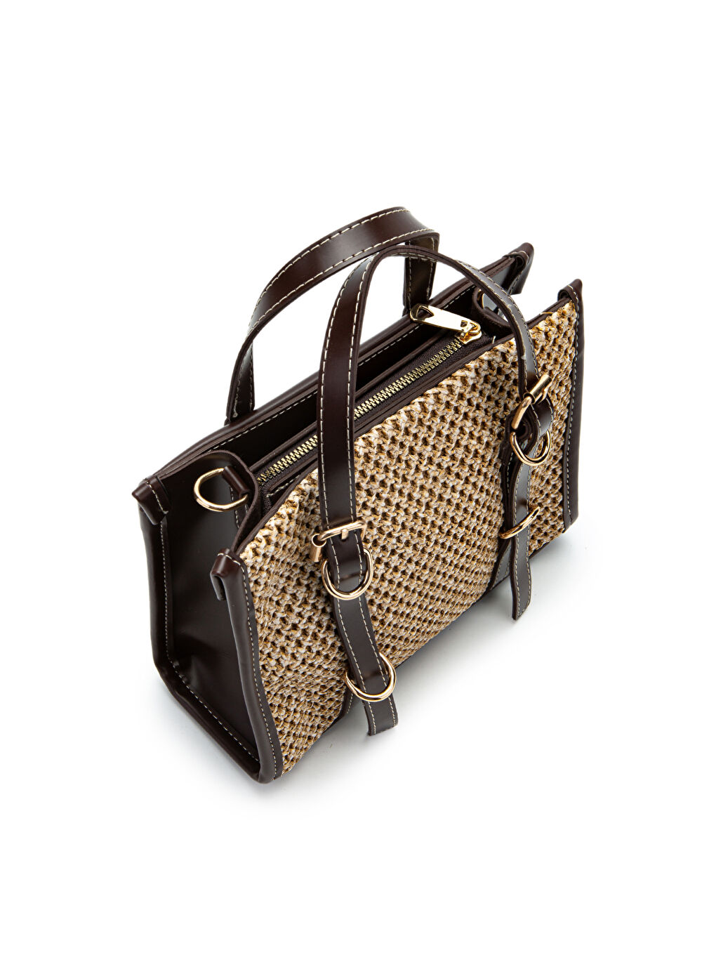 Kemer Detaylı Hasır Kadın Çapraz Çanta Dimitri Kahverengi- Vizon-2