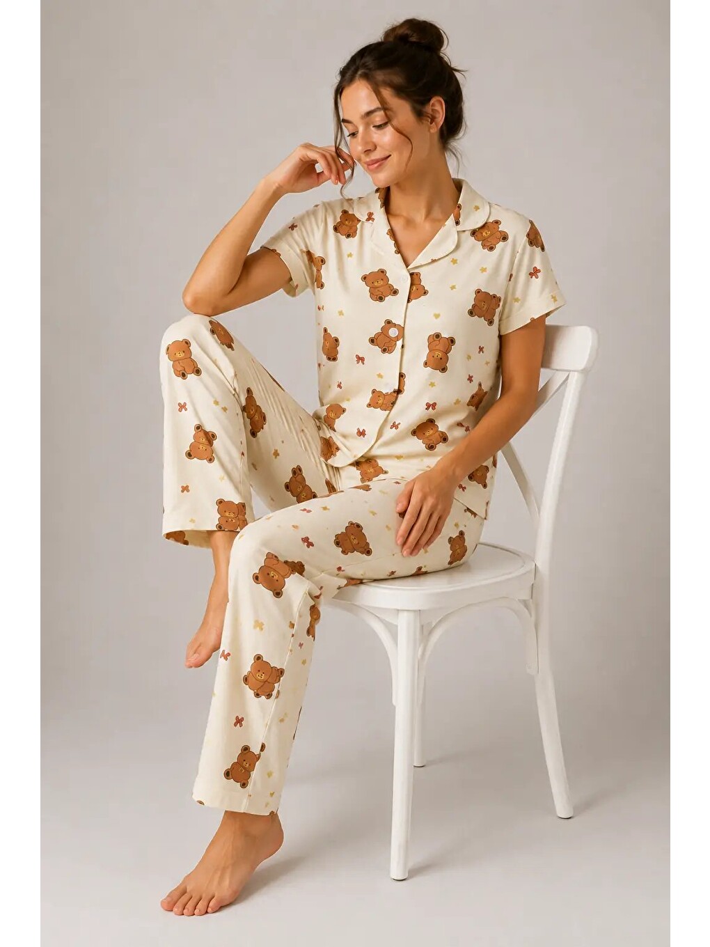 Ekru Desenli Kadın Pijama Takımı 9930-2