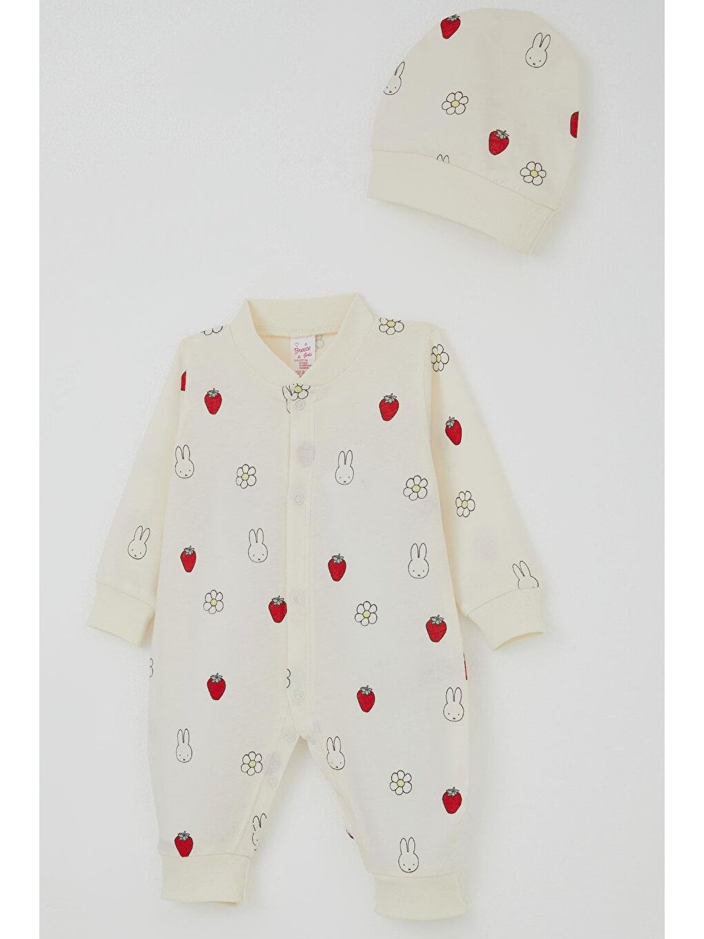 Kız Bebek Tulum Sevimli Tavşancık & Çilek Desenli Ekru (0-6 Ay)-2