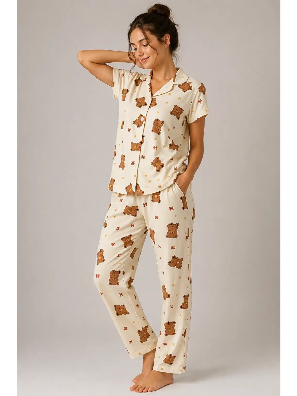 Ekru Desenli Kadın Pijama Takımı 9930-3