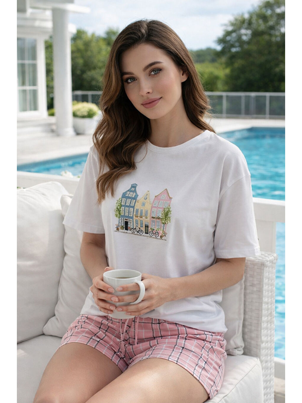 Kadın Kısa Kol Suprem Kumaş Şortlu Pijama Takımı 90782-3364 Beyaz04-3