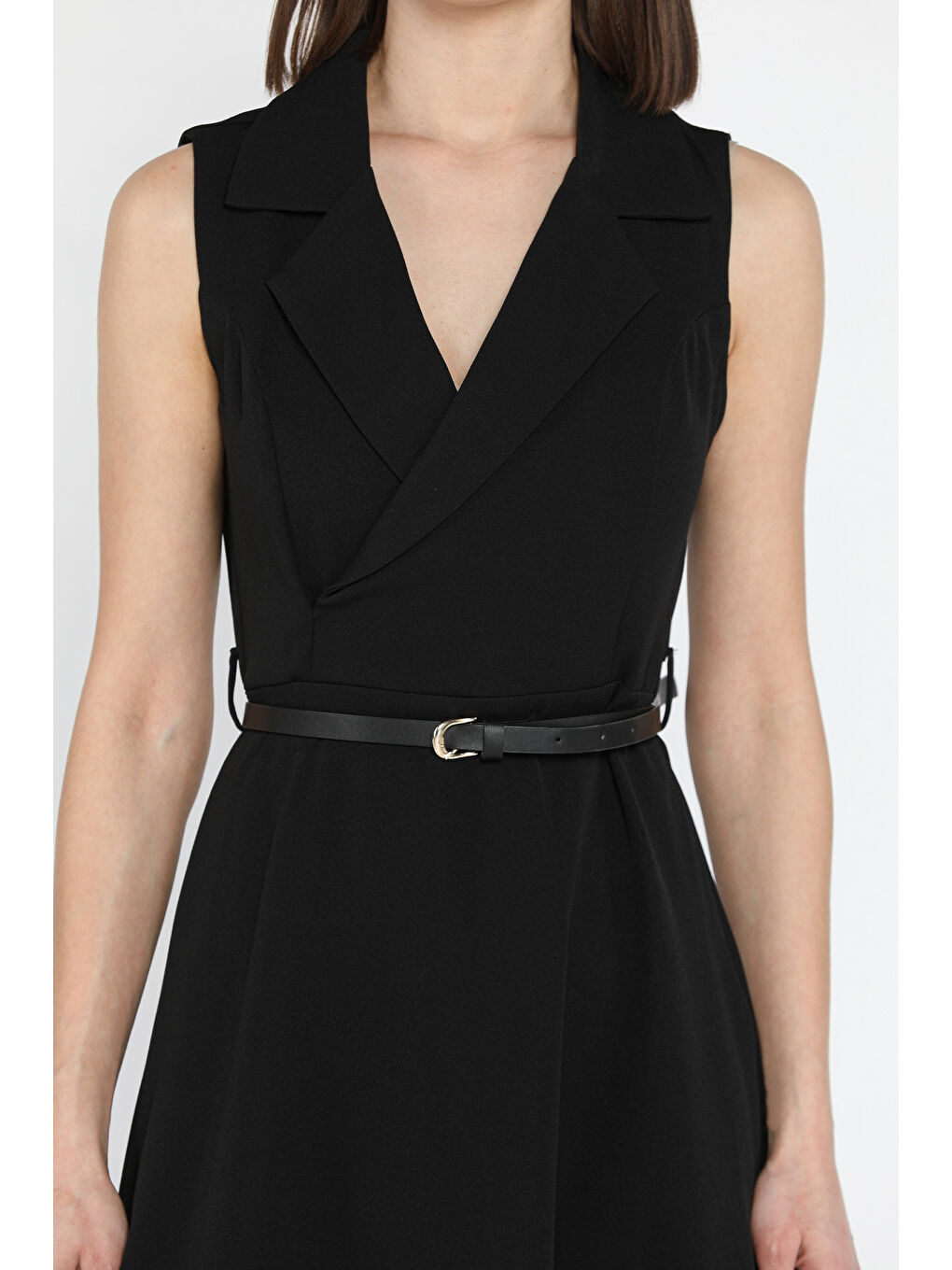 Siyah Kadın Kruvaze Yaka Kemer Aksesuarlı Kiloş Elbise-3